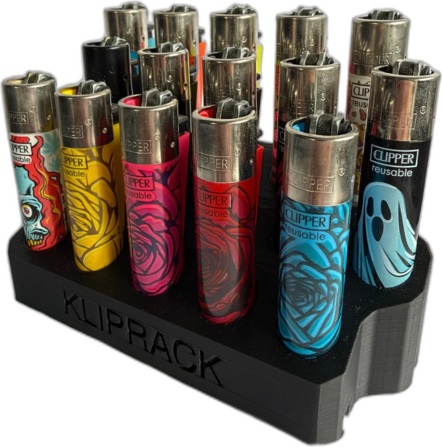 Stepped Block 15 filled with fifteen Clipper lighters